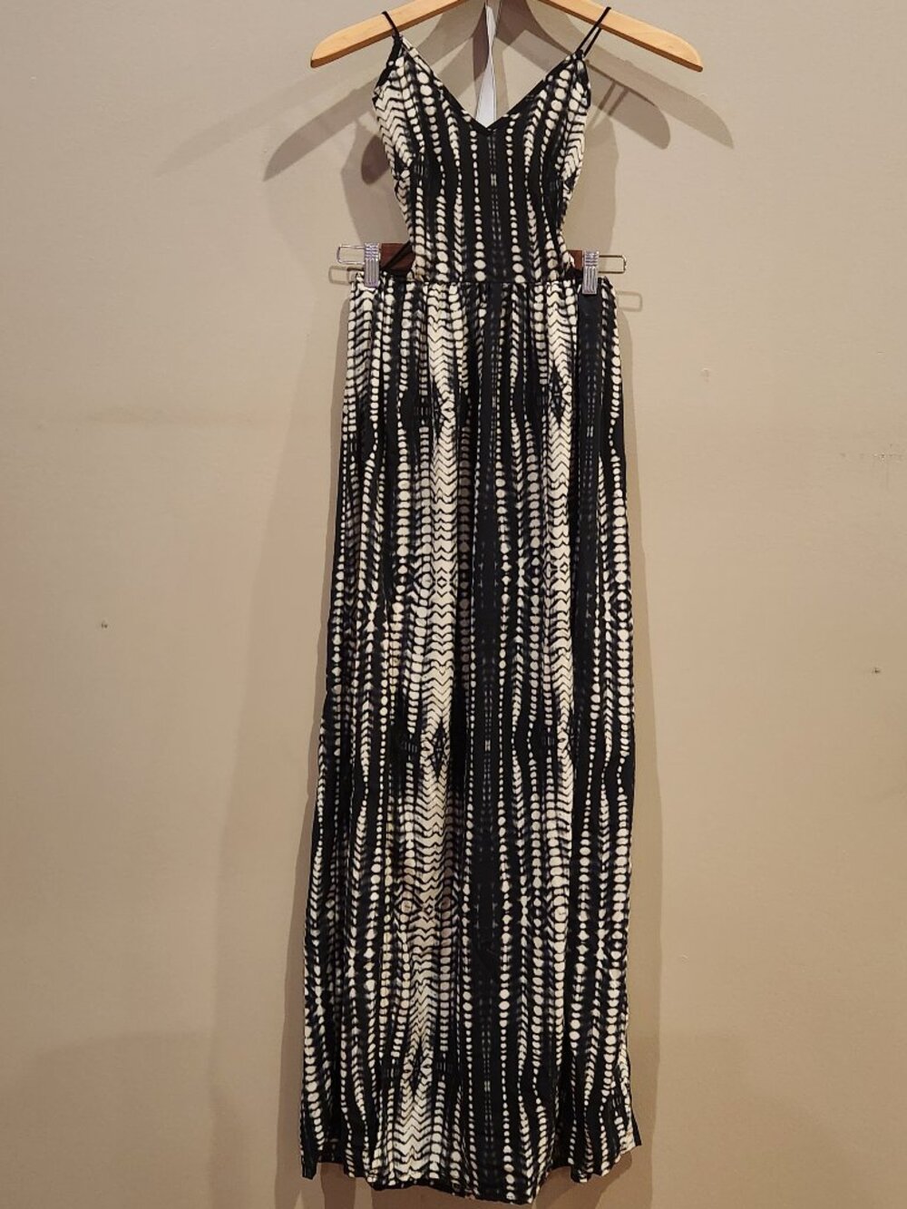 Black & White Patterned Maxi Dress with Spaghetti Straps